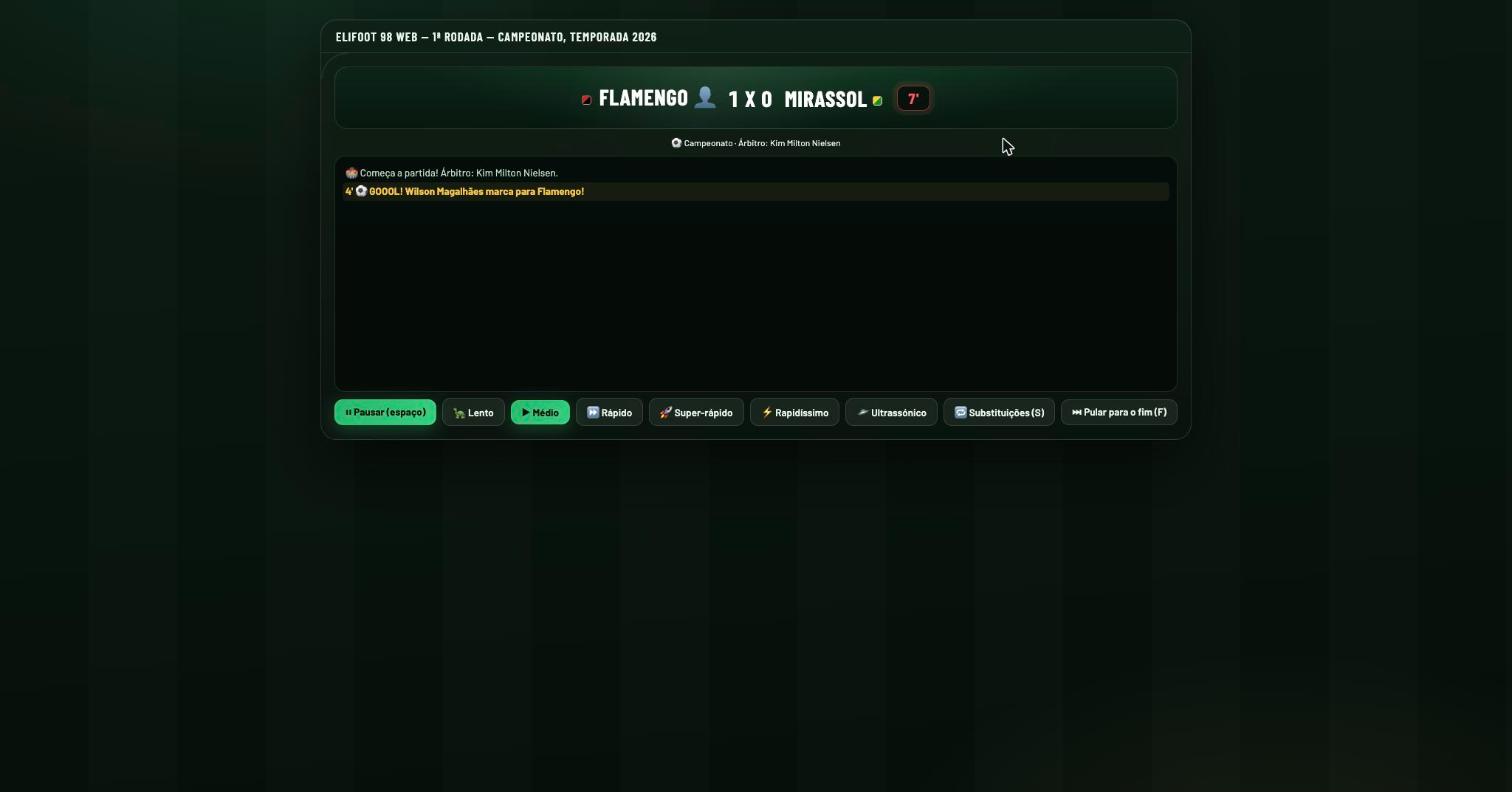 Tela de partida ao vivo mostrando o placar Flamengo 1x0 Mirassol no minuto 7, com o feed de eventos da simulação